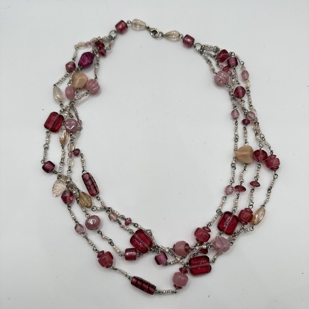 VTG Multi Strand 3 Layer‎ Chain Multi Pink Tone Glass Bead Necklace 21"